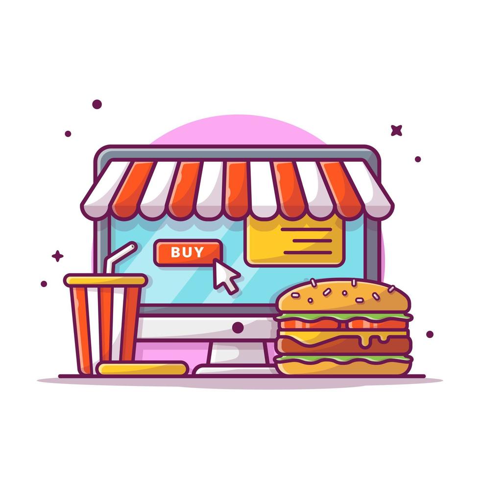 hamburger e bibite con l'illustrazione dell'icona del vettore del fumetto del monitor. concetto di icona della tecnologia alimentare isolato vettore premium. stile cartone animato piatto