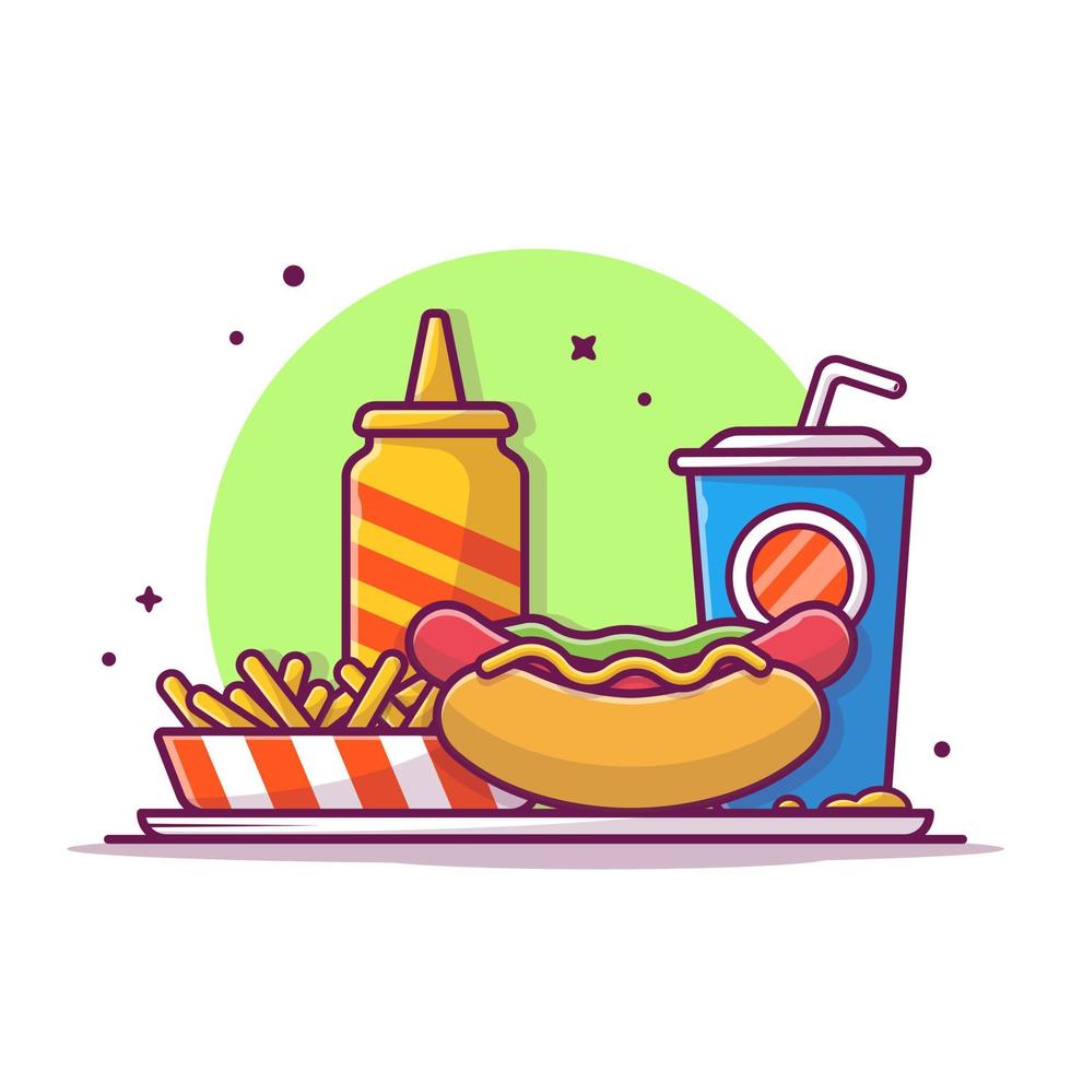 illustrazione dell'icona di vettore di hot dog, patatine fritte, bibita analcolica e senape. cibo oggetto icona concetto isolato premium vettore. stile cartone animato piatto