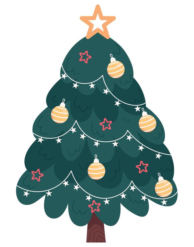 albero di Natale decorato isolato su sfondo bianco. illustrazione piatta vettoriale disegnata a mano