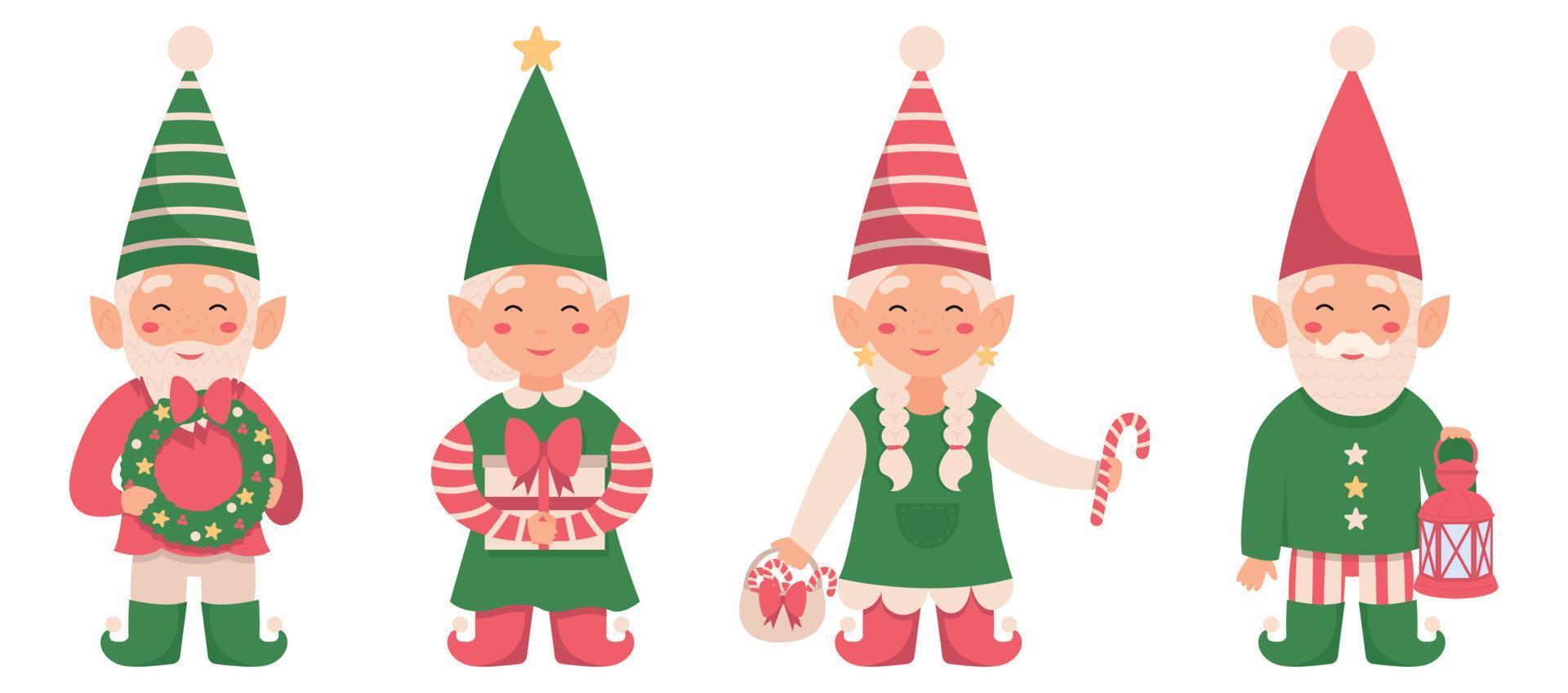 insieme di vettore dello gnomo di natale divertente isolato su priorità bassa bianca. 4 elfi di Babbo Natale con una corona, un regalo, lecca lecca e una lanterna.
