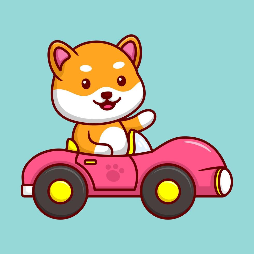 carino shiba inu che guida l'illustrazione dell'icona del vettore del fumetto dell'auto. concetto piatto mascotte personaggio animale.