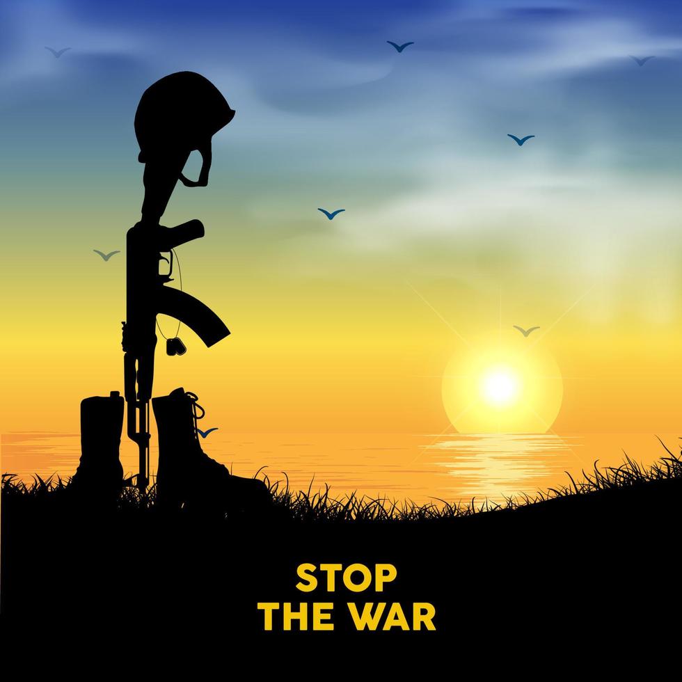 giornata internazionale di pace e stop war design con sfondo tramonto. elegante sfondo tramonto con silhouette di arma fucile, timone e stivale militare. fermare l'illustrazione vettoriale di sfondo della guerra