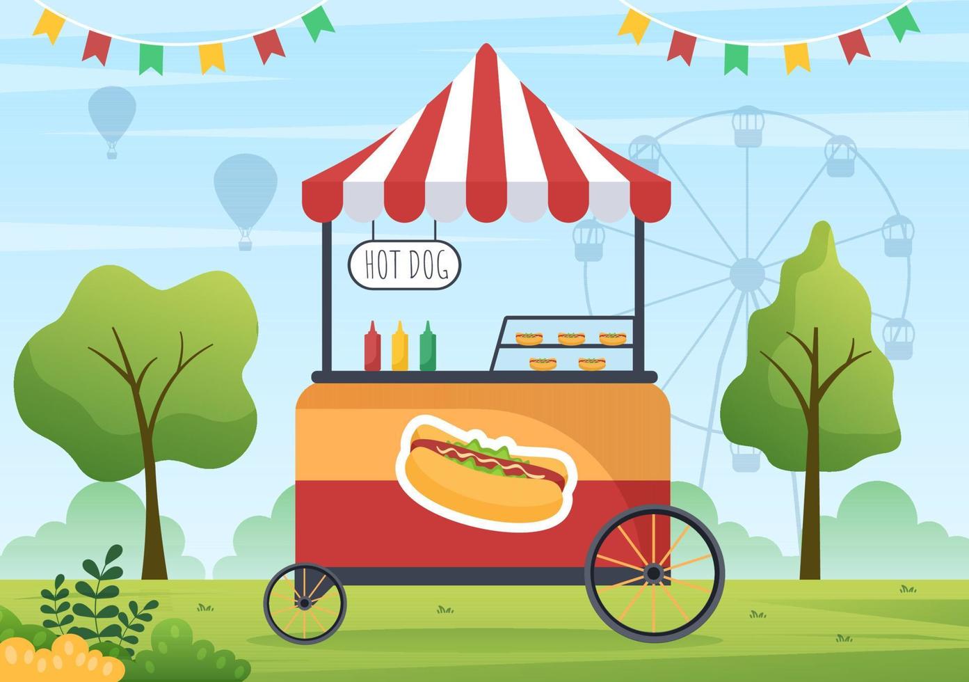 persone che mangiano in cibo di strada all'aperto che serve fast food come pizza, hamburger, hot dog o tacos in un'illustrazione piana del manifesto del fondo del fumetto vettore