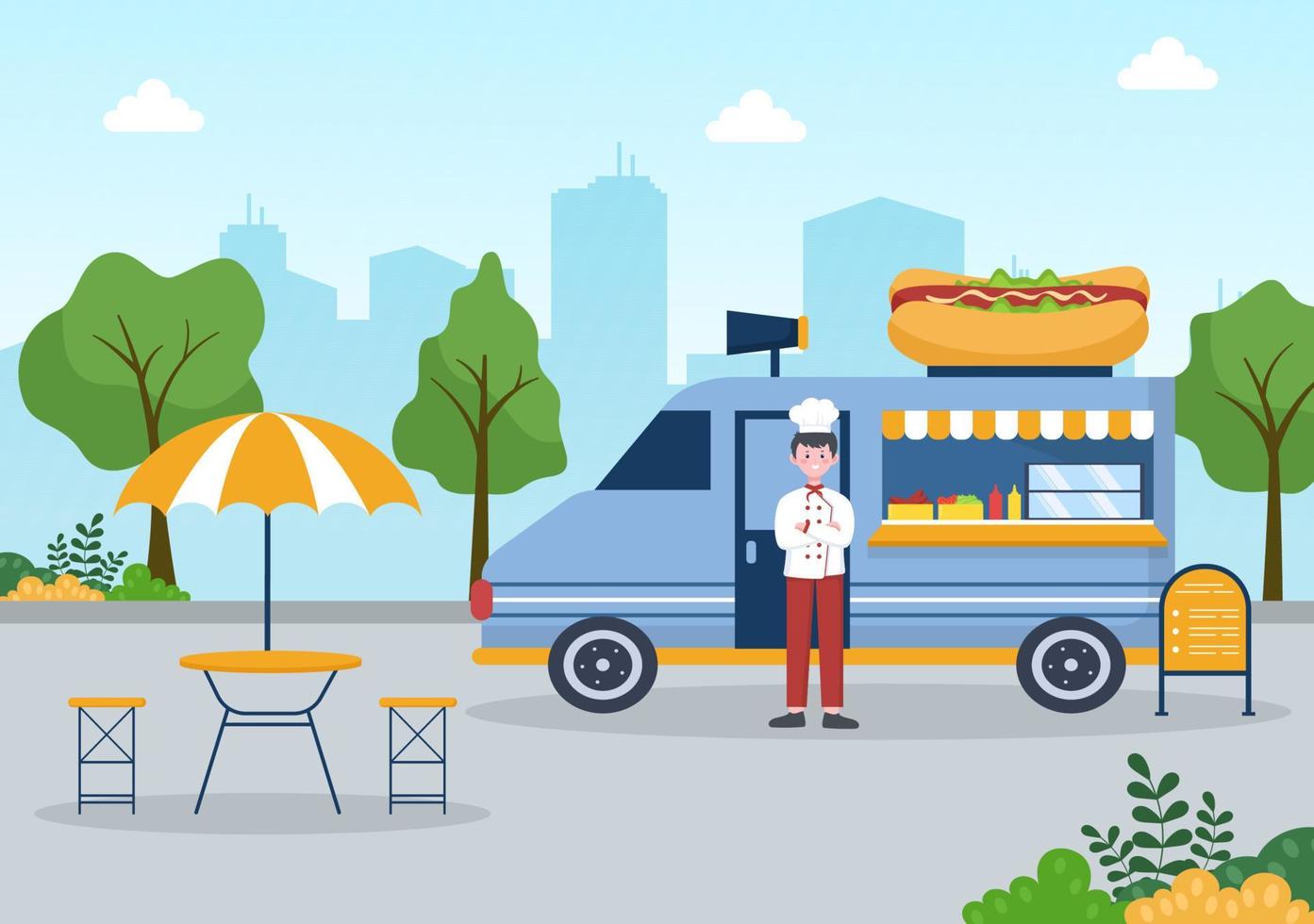 camion di cibo e strada all'aperto che serve fast food come pizza, hamburger, hot dog o tacos nell'illustrazione piana del manifesto del fondo del fumetto vettore