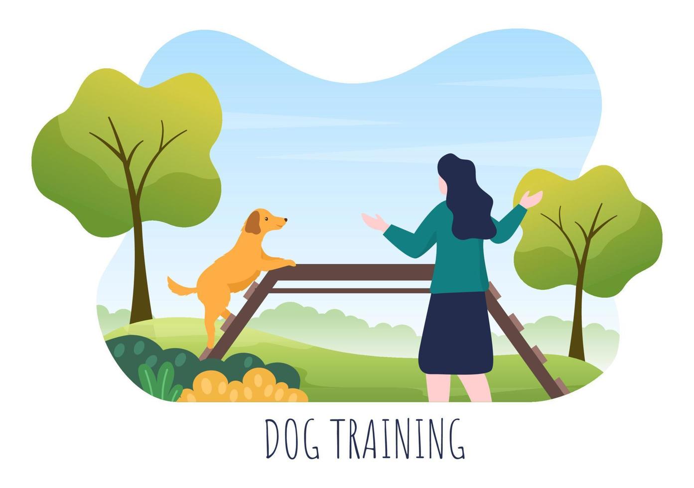 centro di addestramento per cani al parco giochi con istruttore che insegna agli animali domestici o gioca per trucchi e abilità di salto nell'illustrazione piana del fondo del fumetto vettore