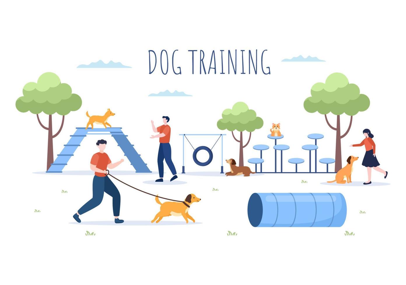 centro di addestramento per cani al parco giochi con istruttore che insegna agli animali domestici o gioca per trucchi e abilità di salto nell'illustrazione piana del fondo del fumetto vettore
