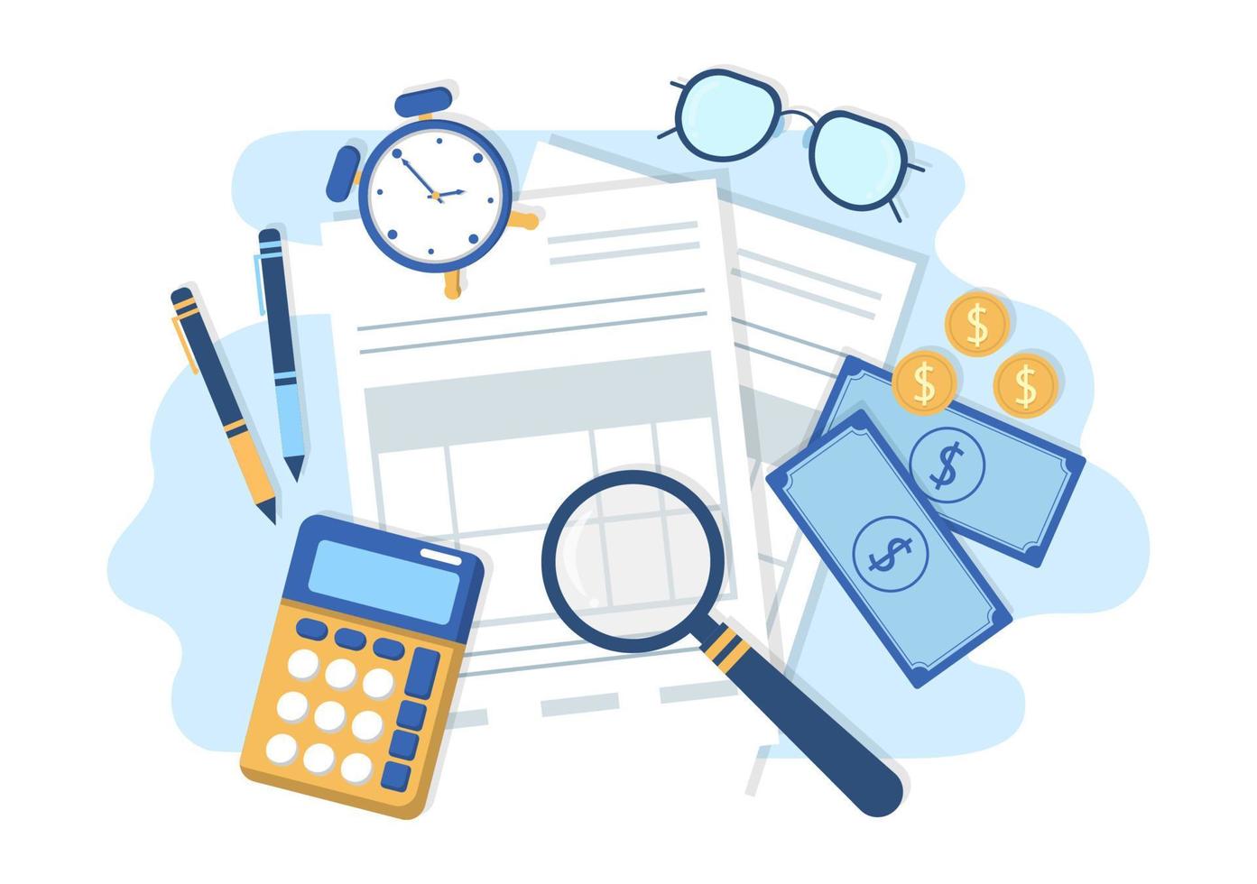 modulo fiscale della tassazione del governo statale con moduli, calendario, audit, calcolatrice o analisi per contabilità e pagamento in un'illustrazione di sfondo piatto vettore