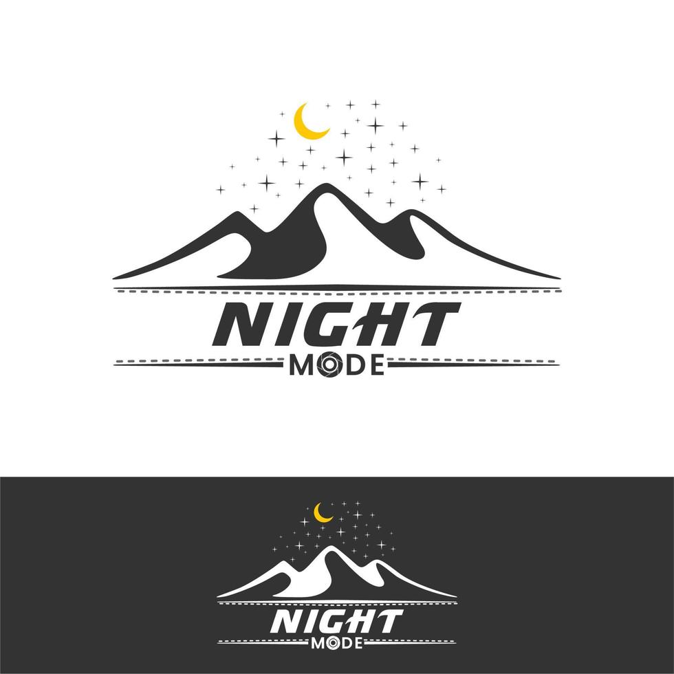 apertura dell'obiettivo dell'otturatore in modalità scrittura con notte di montagna per l'ispirazione del design del logo del fotografo vettore