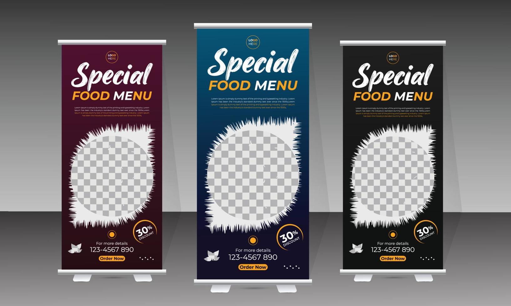 cibo roll up banner e delizioso modello di progettazione di menu di cibo vettore