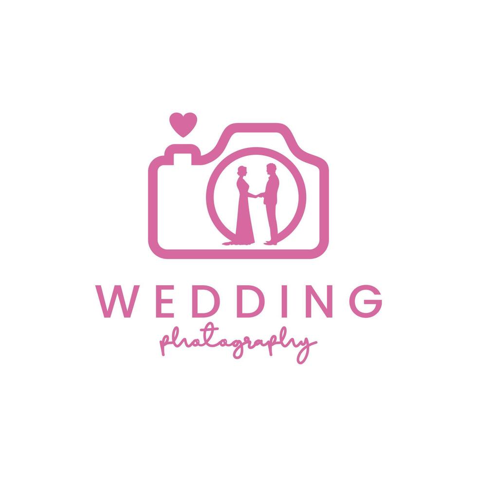 fotocamera e sposi per il design del logo di fotografia di matrimonio vettore