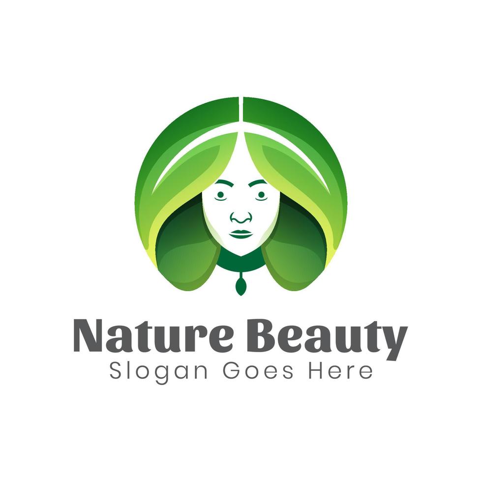 donna di bellezza della natura con logo foglia per cosmetici aziendali, prodotto, design del logo del salone vettore