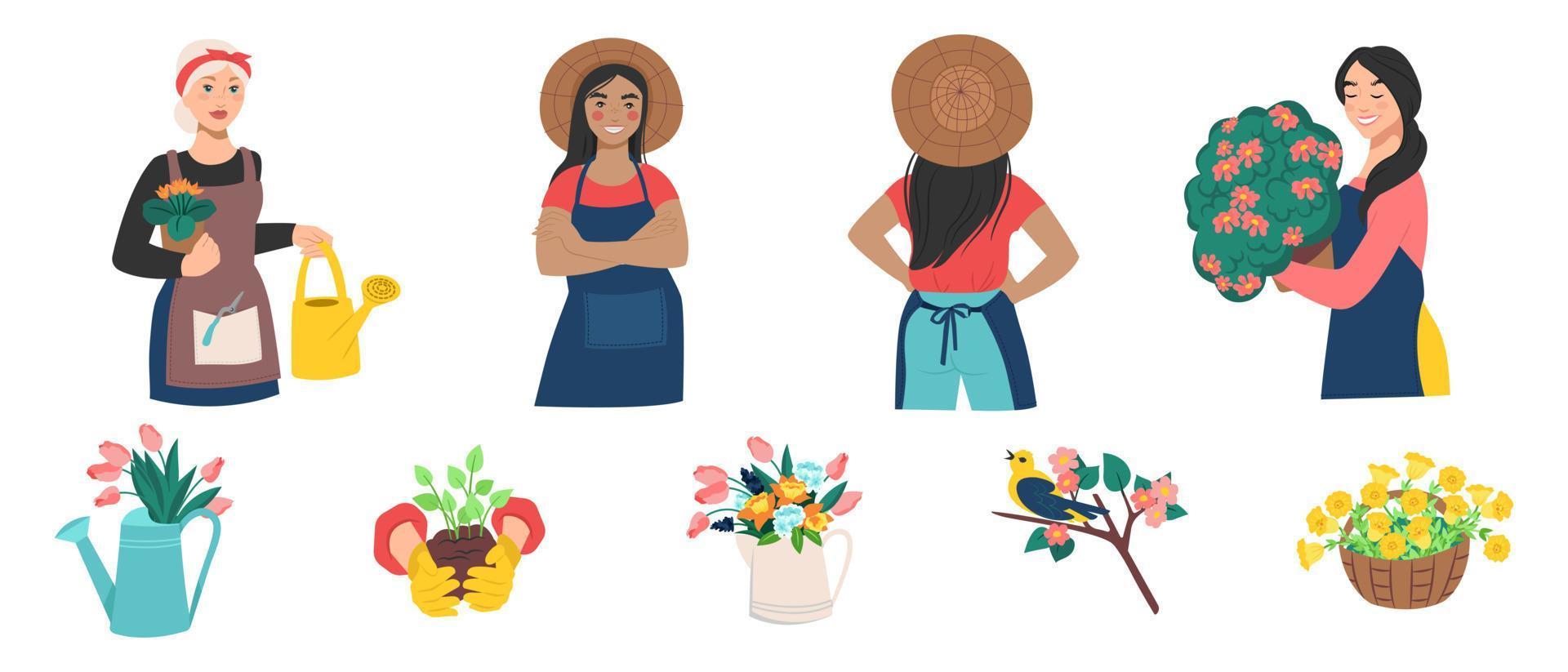 donne fioriste che si prendono cura dei fiori e del giardino. guanti e attrezzi da giardino, piante e fiori primaverili. illustrazione vettoriale