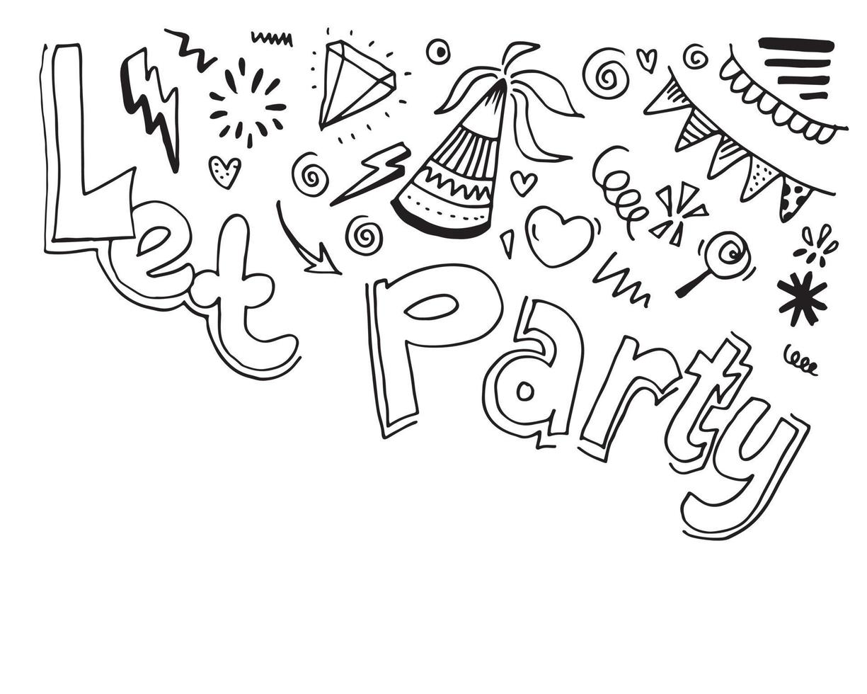 disegnato a mano, doodle party set isolato su sfondo bianco. icone di schizzo per invito, volantino, poster. vettore