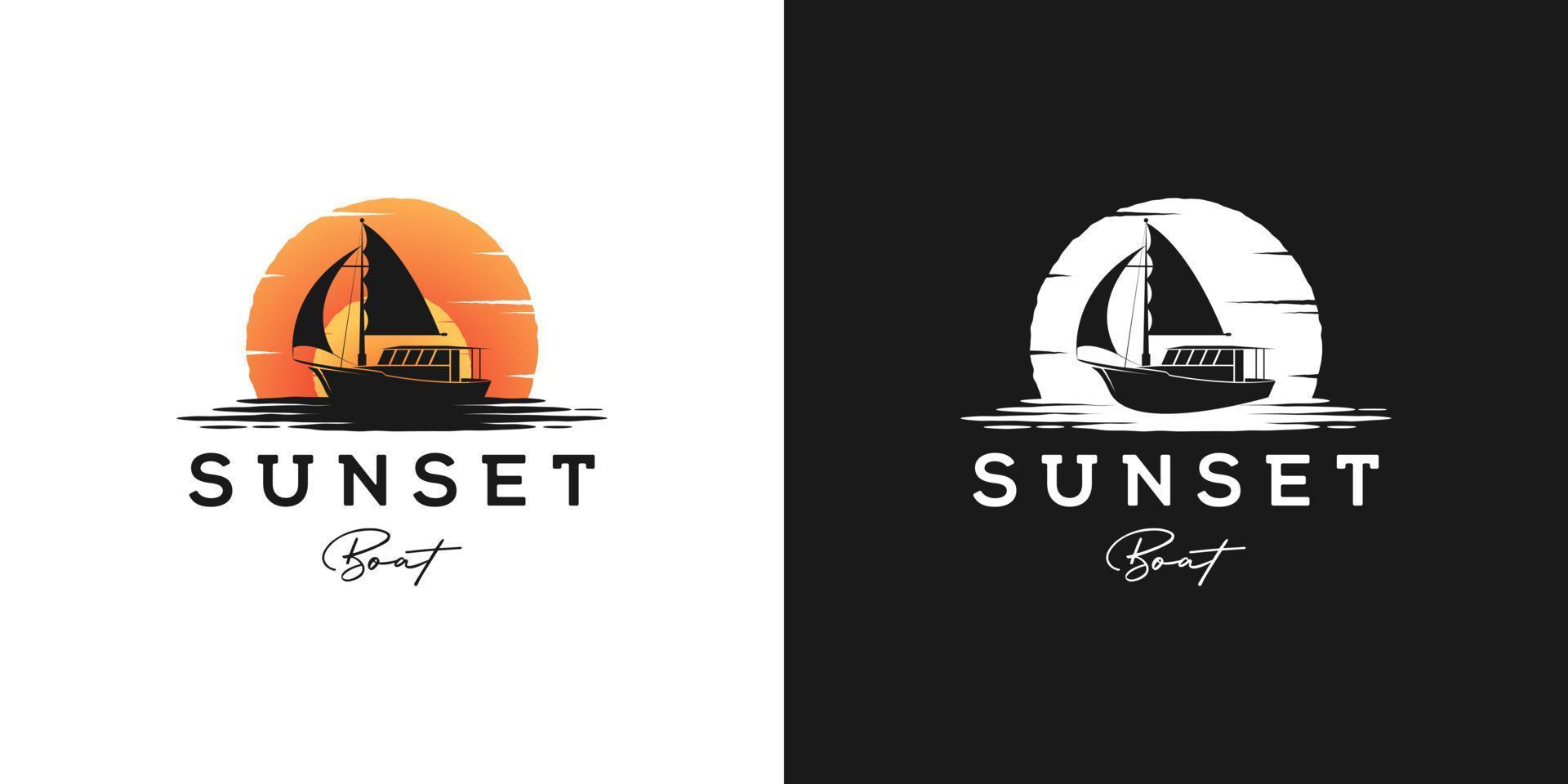 tradizionale yacht a vela, barca, nave ed esotico tramonto scena silhouette logo design vector