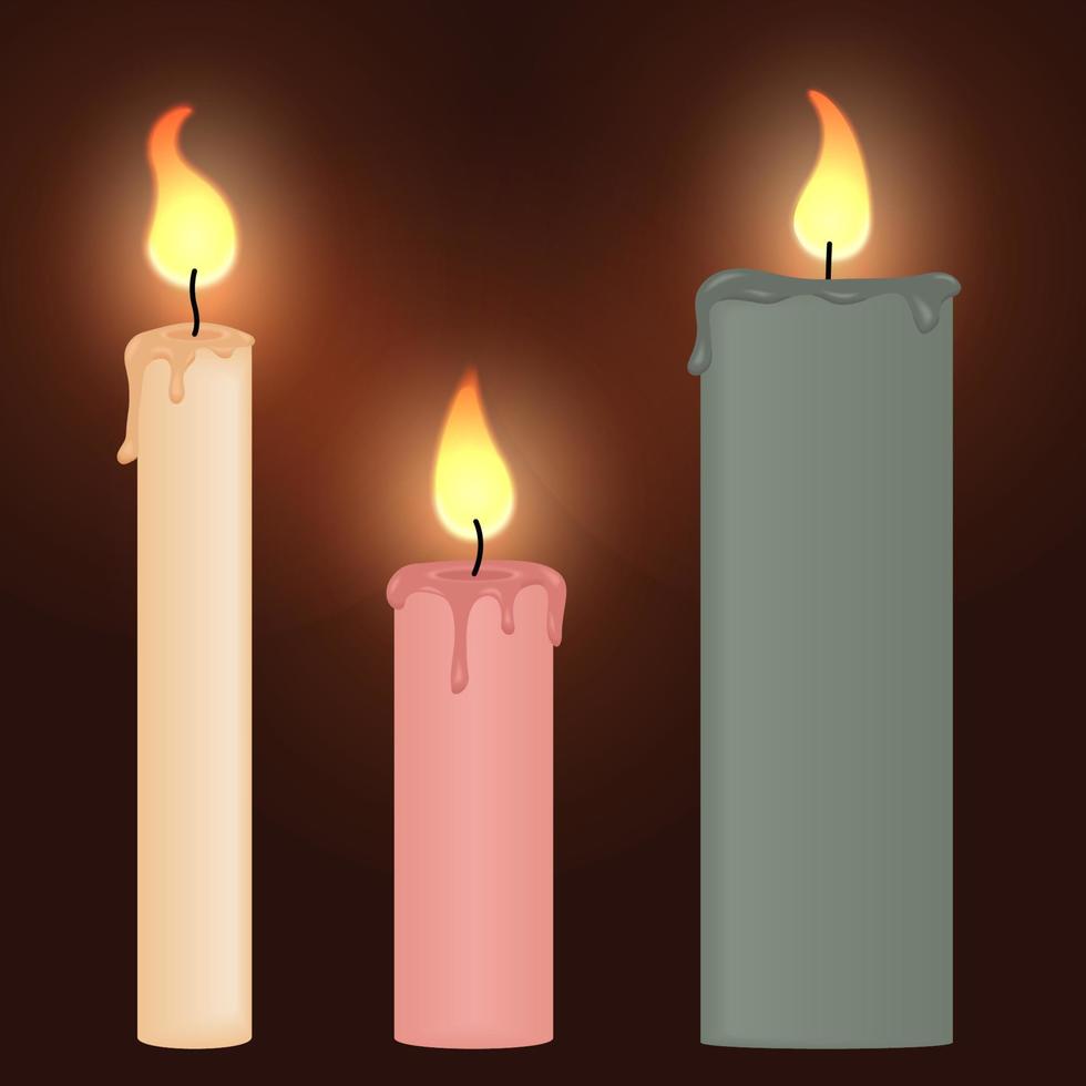 candele realistiche 3d set cera candela fuoco fiamma luce isolata cera d'api cono su sfondo marrone. illustrazione vettoriale
