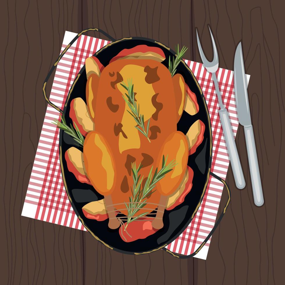 pollo arrosto, tacchino, anatra o oca in piatto di metallo con mele e rosmarino. tradizionale cena festiva. vettore
