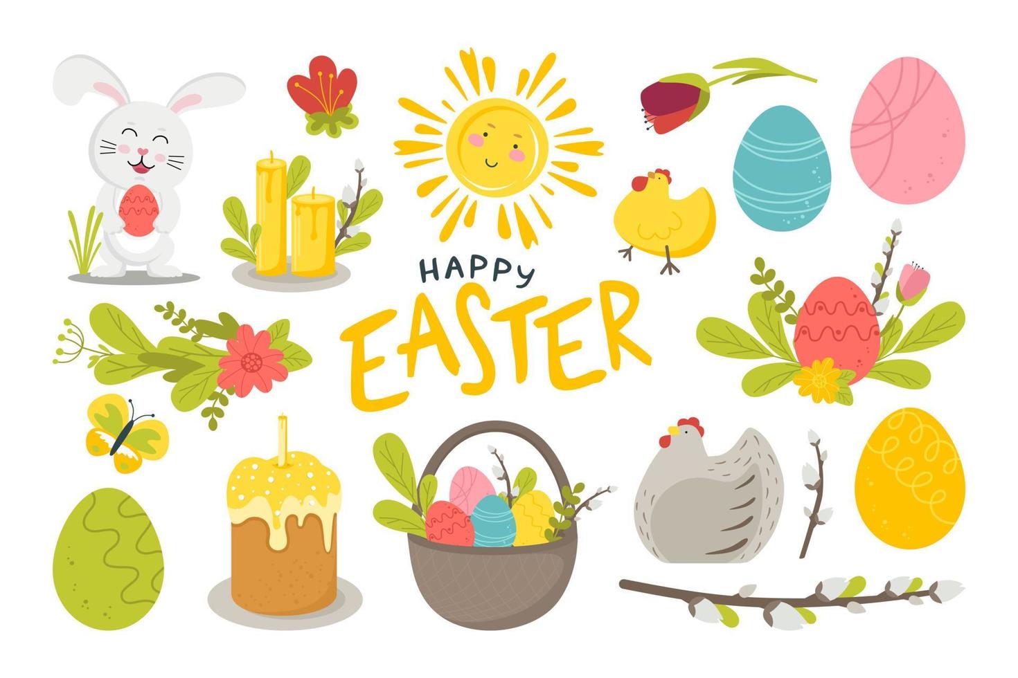 un set per la buona Pasqua con uova di coniglio, fiori, salici e altri attributi. illustrazione vettoriale in uno stile piatto isolato su uno sfondo bianco