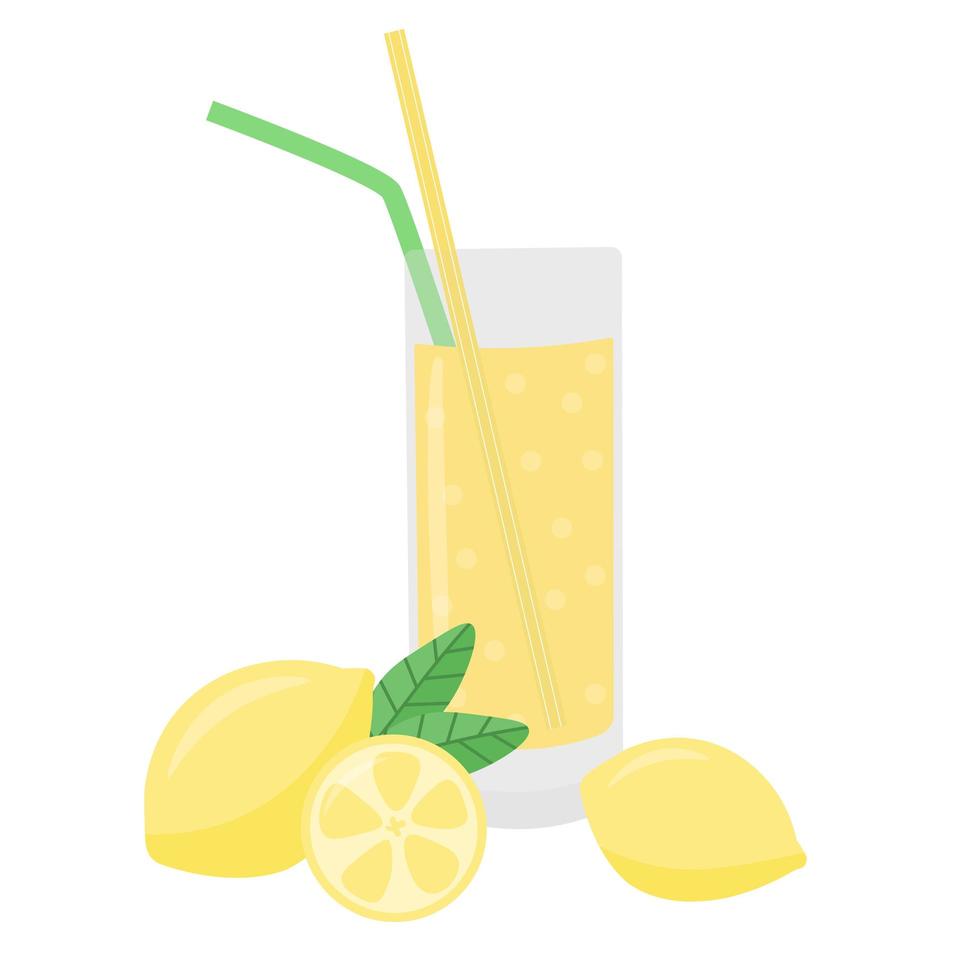 un bicchiere di limonata con due tubi e un limone. vettore