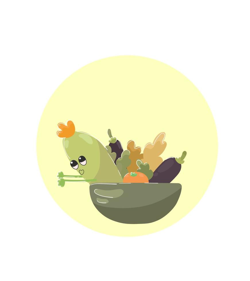 verdure del fumetto in una ciotola. carattere di zucchine. verdure disegnate in uno stile piatto. vettore