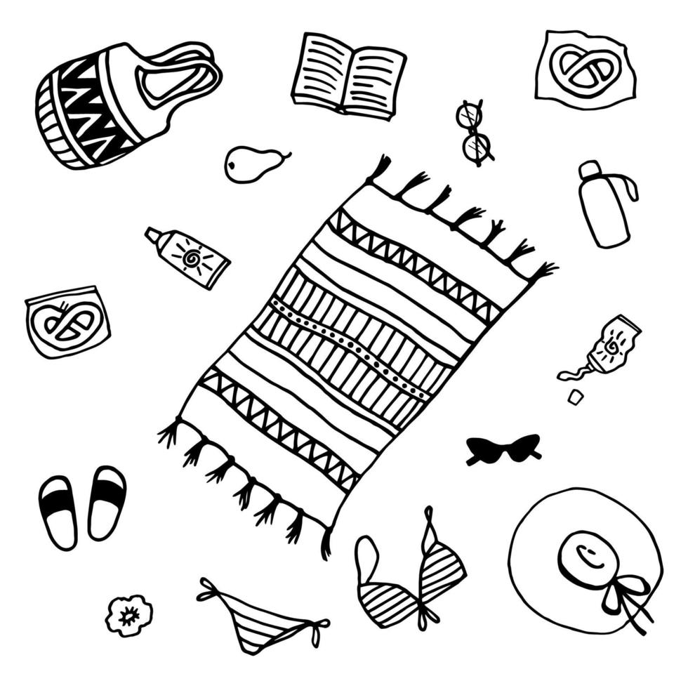 articoli estivi in stile doodle. set di articoli da spiaggia con cappello di paglia, materassino da spiaggia, occhiali da sole e costume da bagno. illustrazione vettoriale in bianco e nero