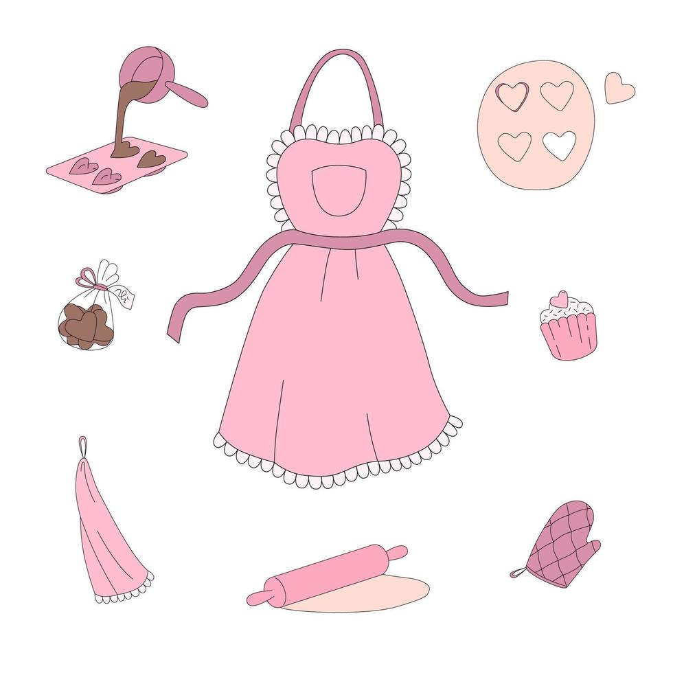 cucinare dolci per san valentino in stile cartone animato. illustrazione vettoriale isolato su sfondo bianco. un set di accessori da cucina