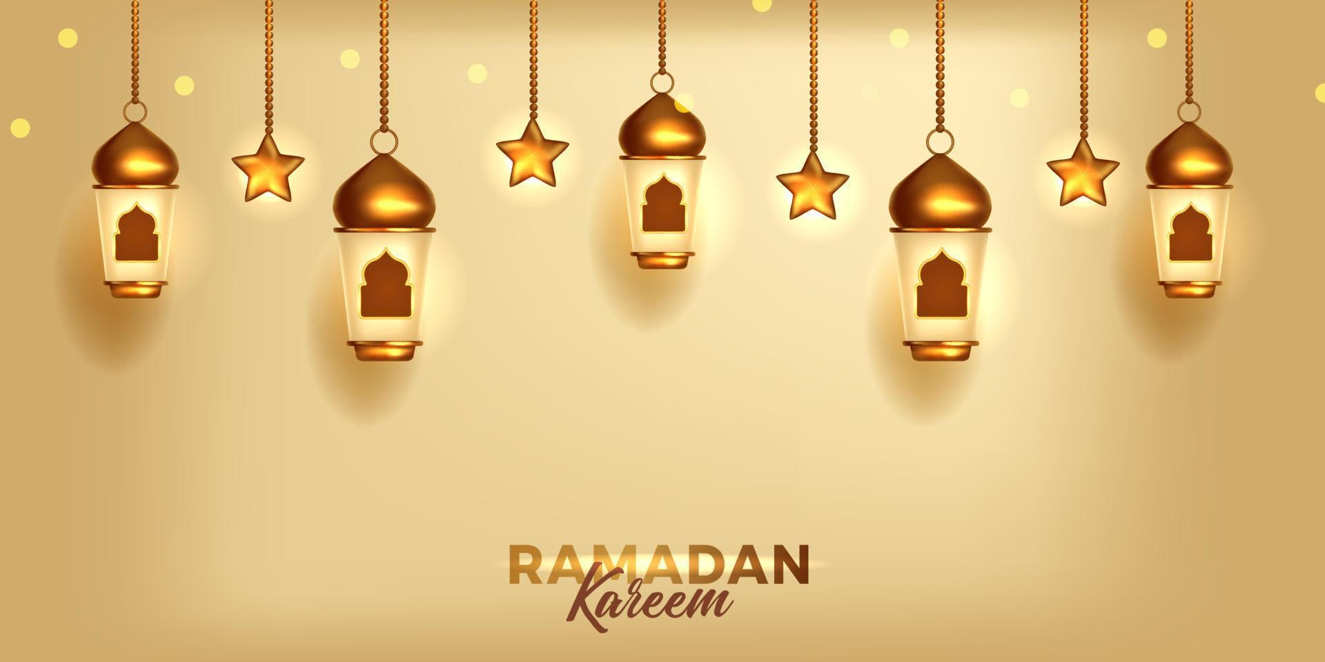 banner di lusso ramadan mubarak kareem con decorazione 3d lanterna araba fanous fanoos dorato vettore