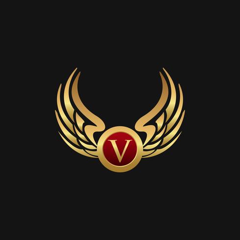 Modello di concetto di disegno di marchio di lusso lettera V Emblem Wings vettore