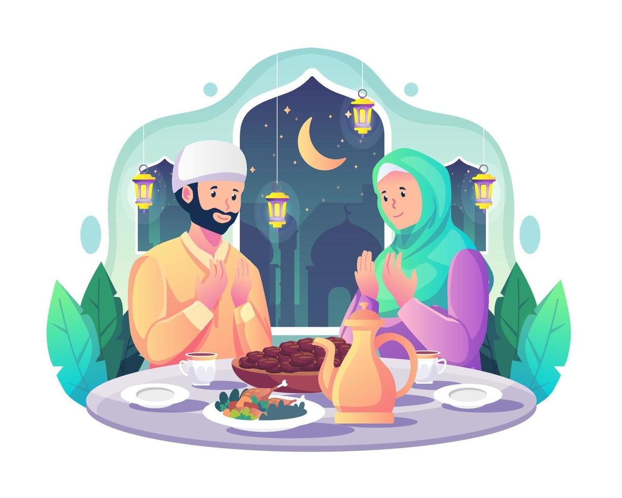 coppia musulmana che prega prima di avere iftar dopo il digiuno durante il ramadan kareem mubarak. cibo e datteri in tavola. illustrazione vettoriale in stile piatto