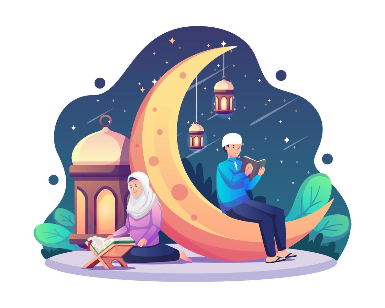 coppia musulmana uomo e donna che leggono il Corano e pregano durante il mese santo del ramadan kareem. illustrazione vettoriale in stile piatto