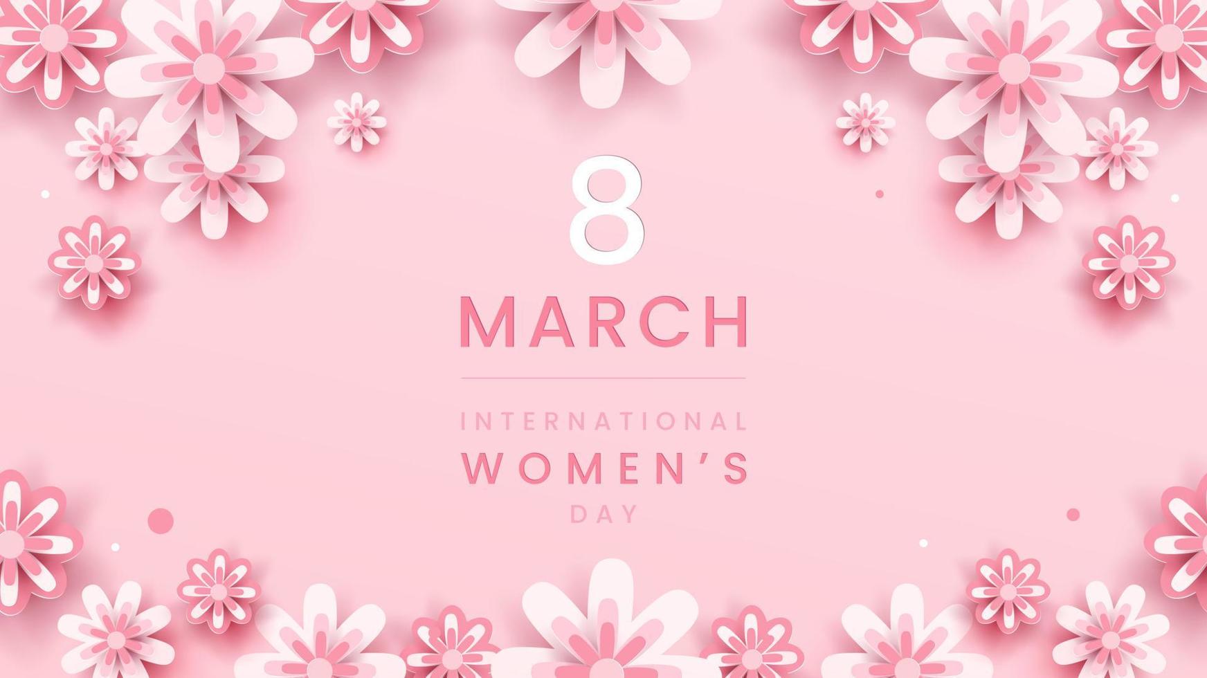 Sfondo dell'8 marzo. decorazioni floreali per la festa della donna in stile paper art con cornice di fiori biglietto di auguri su tonalità rosa pastello. illustrazione vettoriale