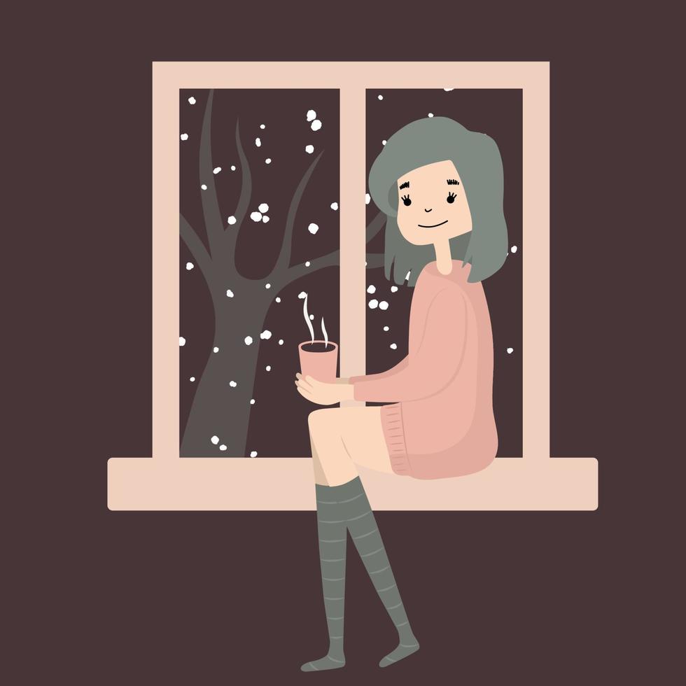 ragazza carina seduta con il gatto vicino alla finestra e bere caffè caldo tè cacao. accogliente inverno. illustrazione in stile cartone animato. vettore