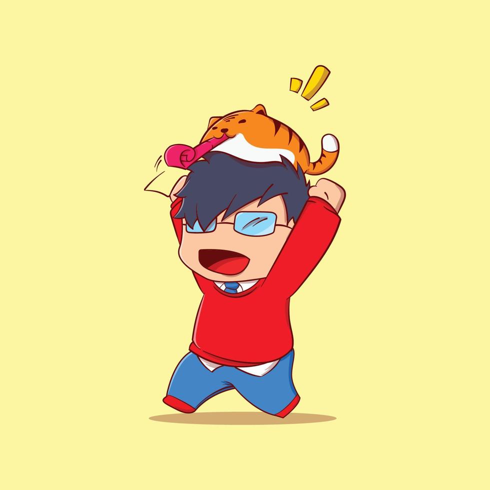 simpatico cartone animato ragazzo usando gli occhiali con una tigre in testa soffia la tromba del partito vettore
