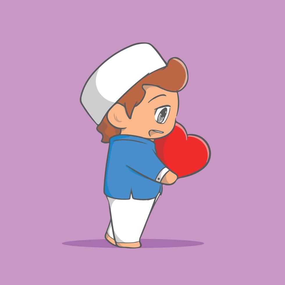 illustrazione carina del ragazzo musulmano che porta il cuscino del cuore vettore
