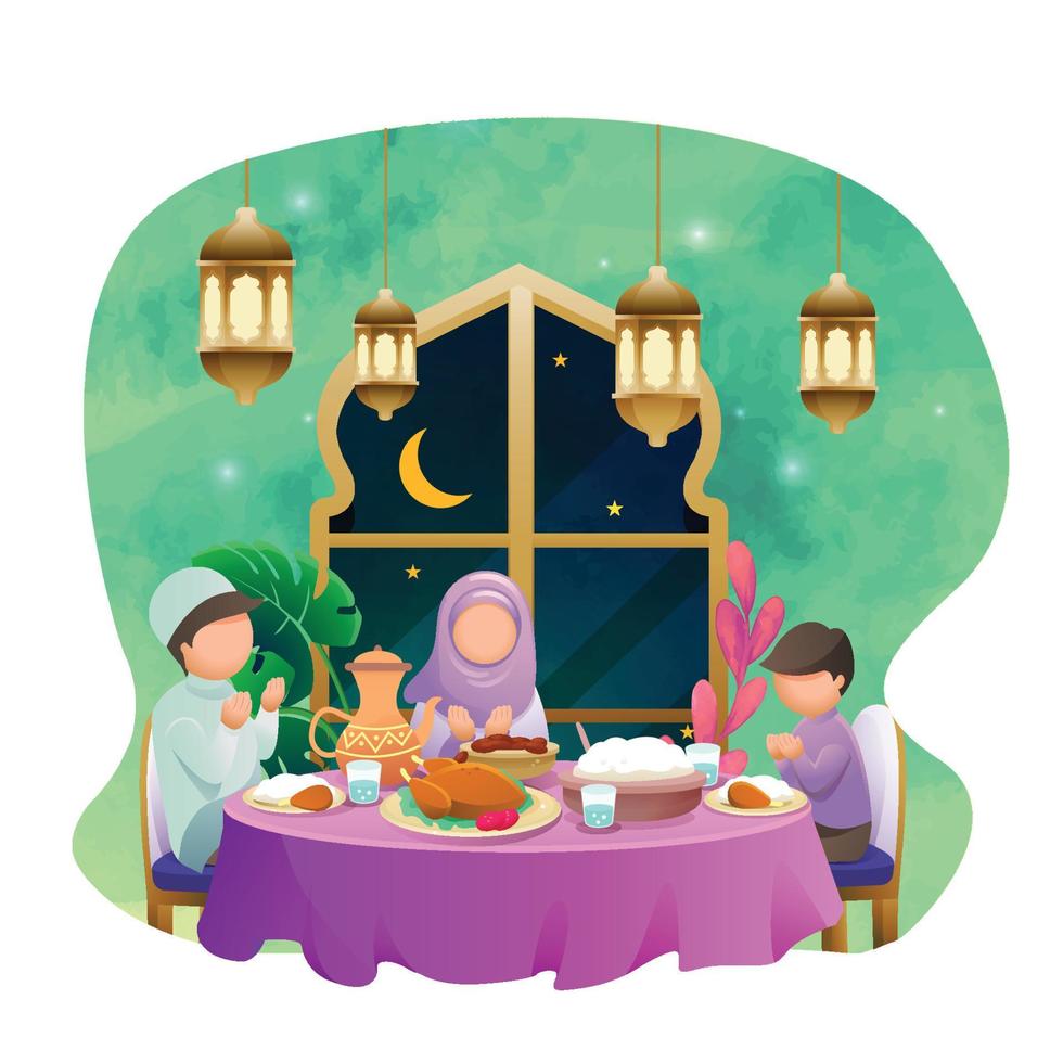 iftar con la famiglia nel concetto del mese del ramadan vettore