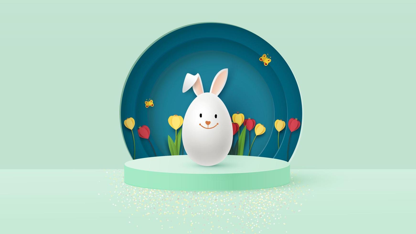 Rendering 3D di una scatola del podio con fiori primaverili e un coniglietto di pasqua a forma di uovo. illustrazione vettoriale