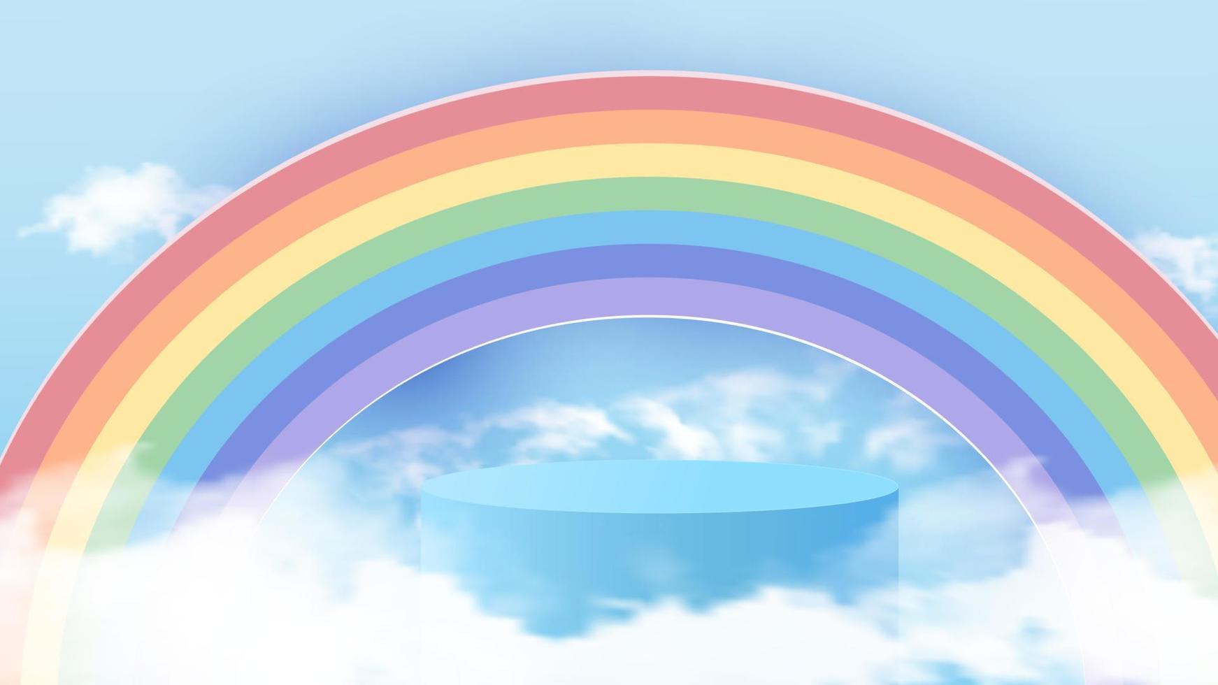 vettore di sfondo Rendering blu 3d con podio e scena nuvolosa minima. sfondo di visualizzazione del prodotto minimo Rendering 3d di forma geometrica, azzurro cielo, nuvola, pastelli e arcobaleno. illustrazione vettoriale