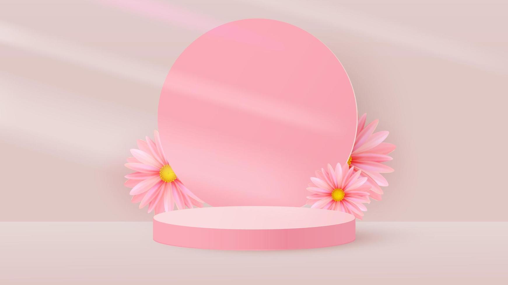 scena minimalista con podio cilindrico rosa, cornice rotonda e fiori primaverili. scena per la dimostrazione di un prodotto cosmetico, vetrina. illustrazione vettoriale