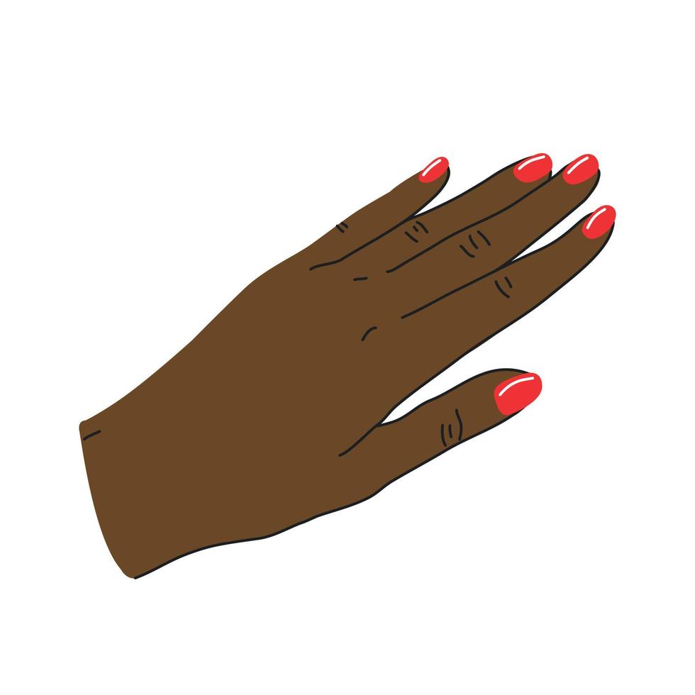 mano femminile nera raddrizzata con manicure rossa in stile piatto cartone animato. illustrazione vettoriale isolato su sfondo bianco.