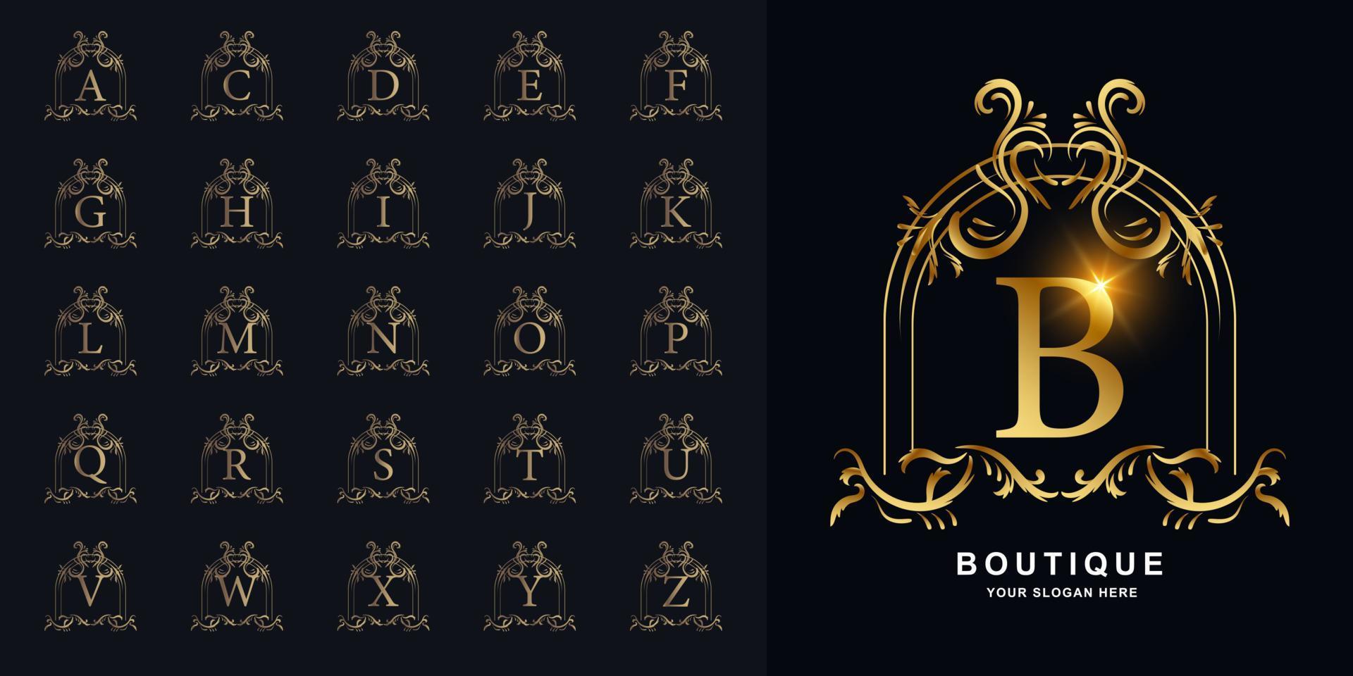 alfabeto iniziale della collezione con cornice floreale di ornamento di lusso vettore