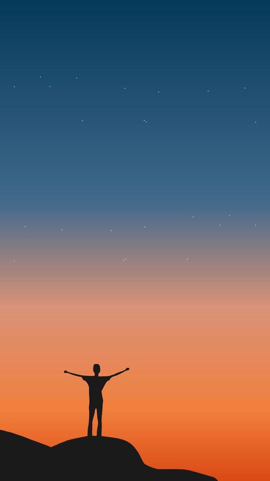 viaggiatore in piedi sulla cima di una montagna con sfondo tramonto vettore