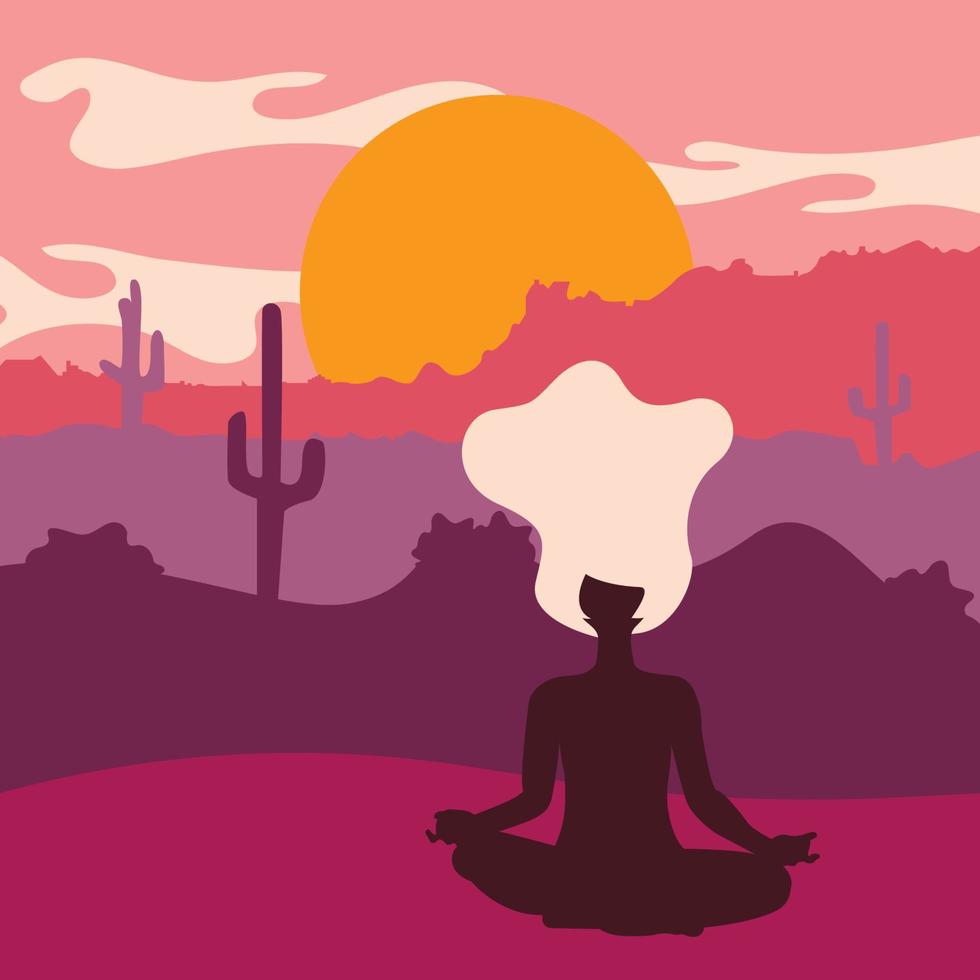 meditazione e yoga durante un tramonto nel deserto vettore