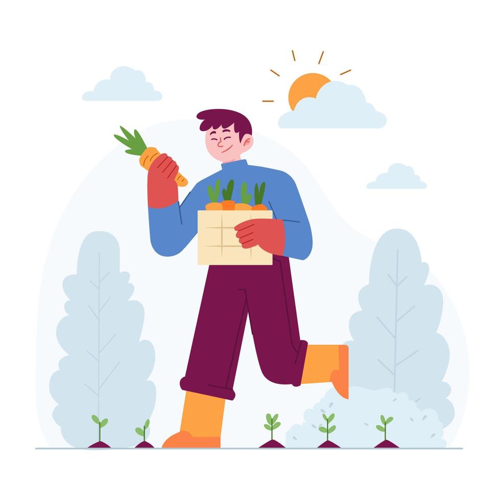 idea di illustrazione vettoriale di concetto di giardinaggio per modello di pagina di destinazione, agricoltura biologica come cibo per la coltivazione, raccolta di piante utilizzando verde e natura ecologica, agricoltura, cibo locale, stile piatto disegnato a mano