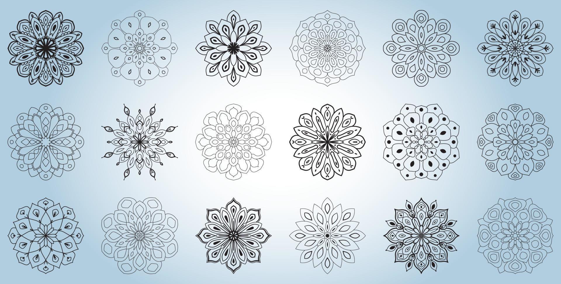 simpatico set di mandala. fiori ornamentali rotondi doodle isolati su sfondo bianco. ornamenti decorativi geometrici in stile etnico orientale. vettore