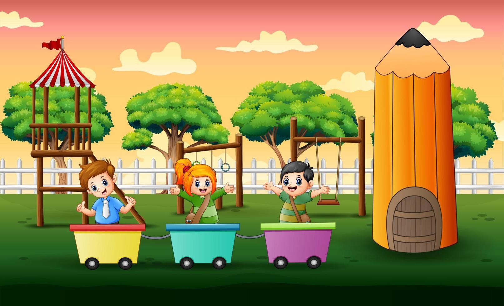 bambini felici che giocano sul treno al parco giochi vettore