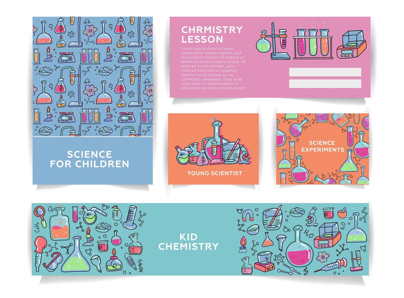 set di chimica per modelli di banner per bambini. scienza per la ricerca scolastica dei bambini in chimica. concetto di chimica divertente in stile vettoriale doodle a colori.