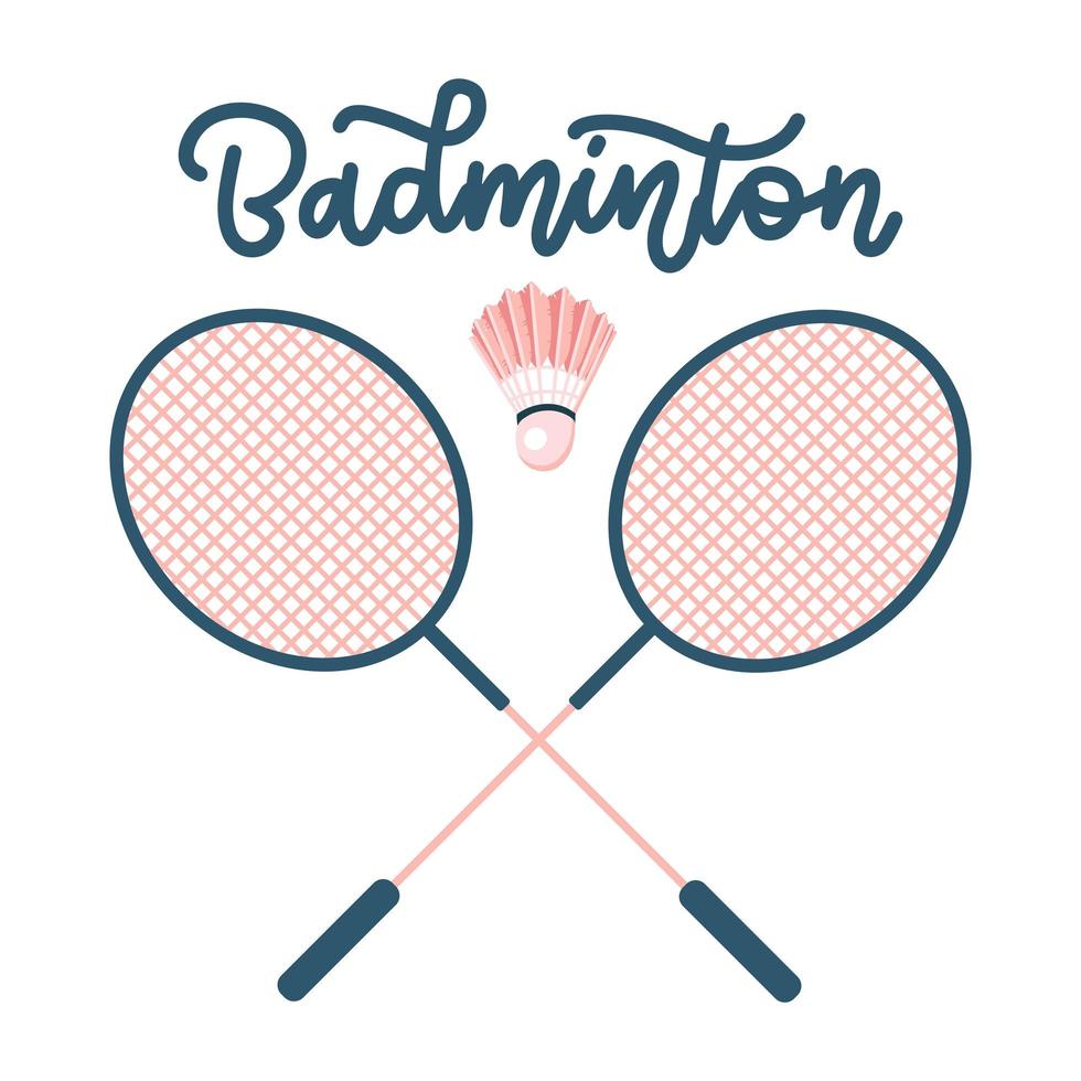 racchette da badminton con volano. concetto di attrezzatura sportiva con scritte disegnate a mano. illustrazione piatta vettoriale. vettore