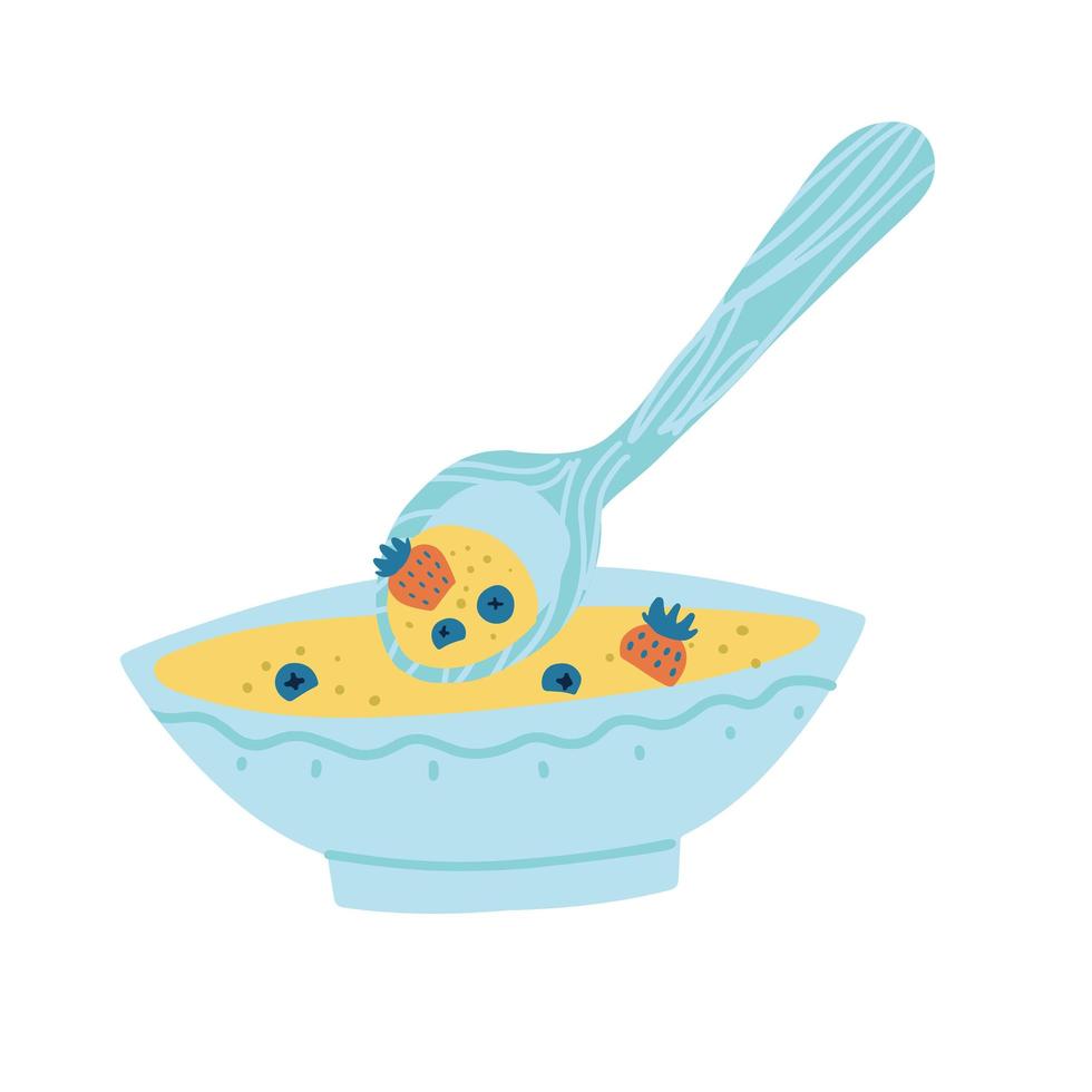 colazione sana con porridge o muesli e frutti di bosco piatto doodle illustrazione isolata. ciotole di cereali con cucchiaio grande, fragole e mirtilli. vettore