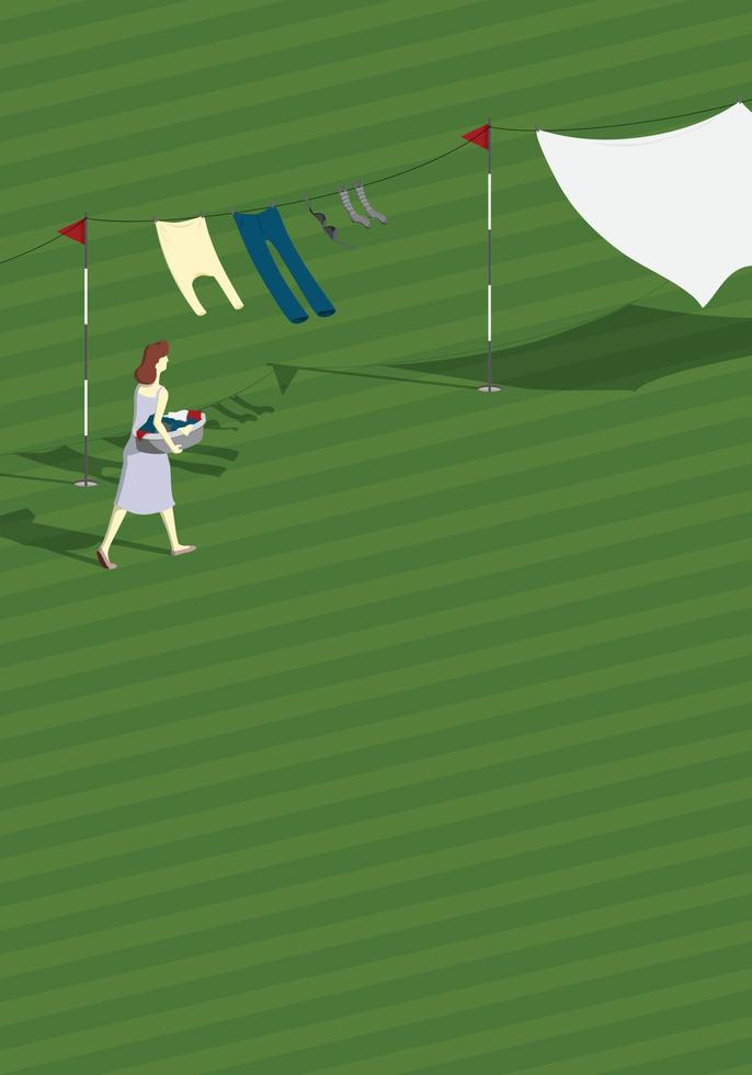 donna stendere i panni ad asciugare su stendibiancheria sul campo da golf. vettore