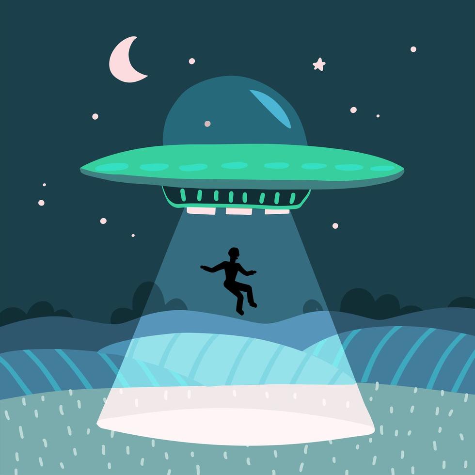 ufo che rapisce un uomo, paesaggio di una fattoria notturna estiva nel campo notturno. sfondo vettoriale con stelle e luna nel cielo. illustrazione vettoriale piatta