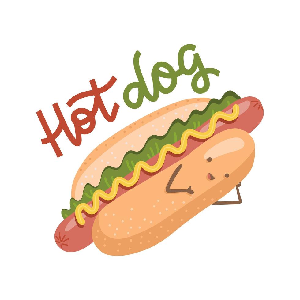 hot dog divertente con un sorriso carino. fast food con volto umano. icone di illustrazione piatta vettoriale in stile moderno. isolato su sfondo bianco con scritte disegnate a mano.